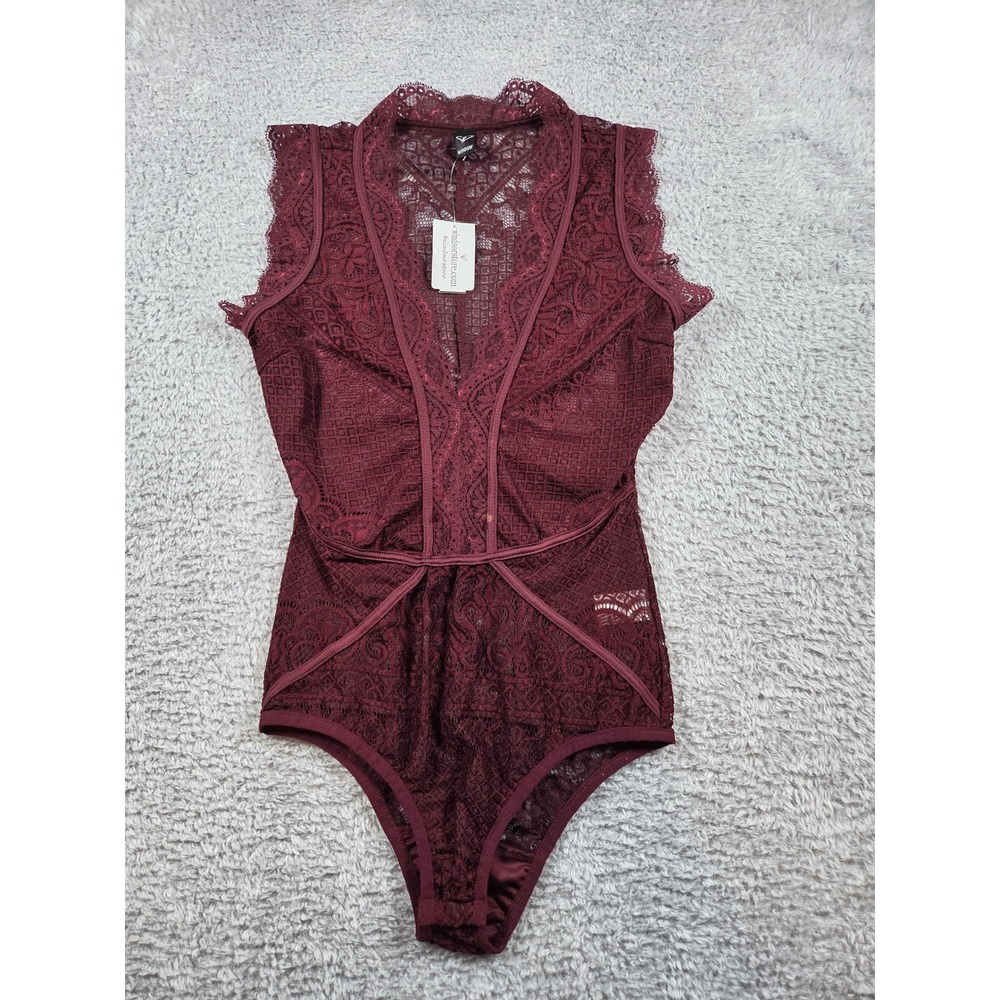 Windsor Lace Bodysuit L Plum Wine Womens Deep V Neck Sleeveless B3298